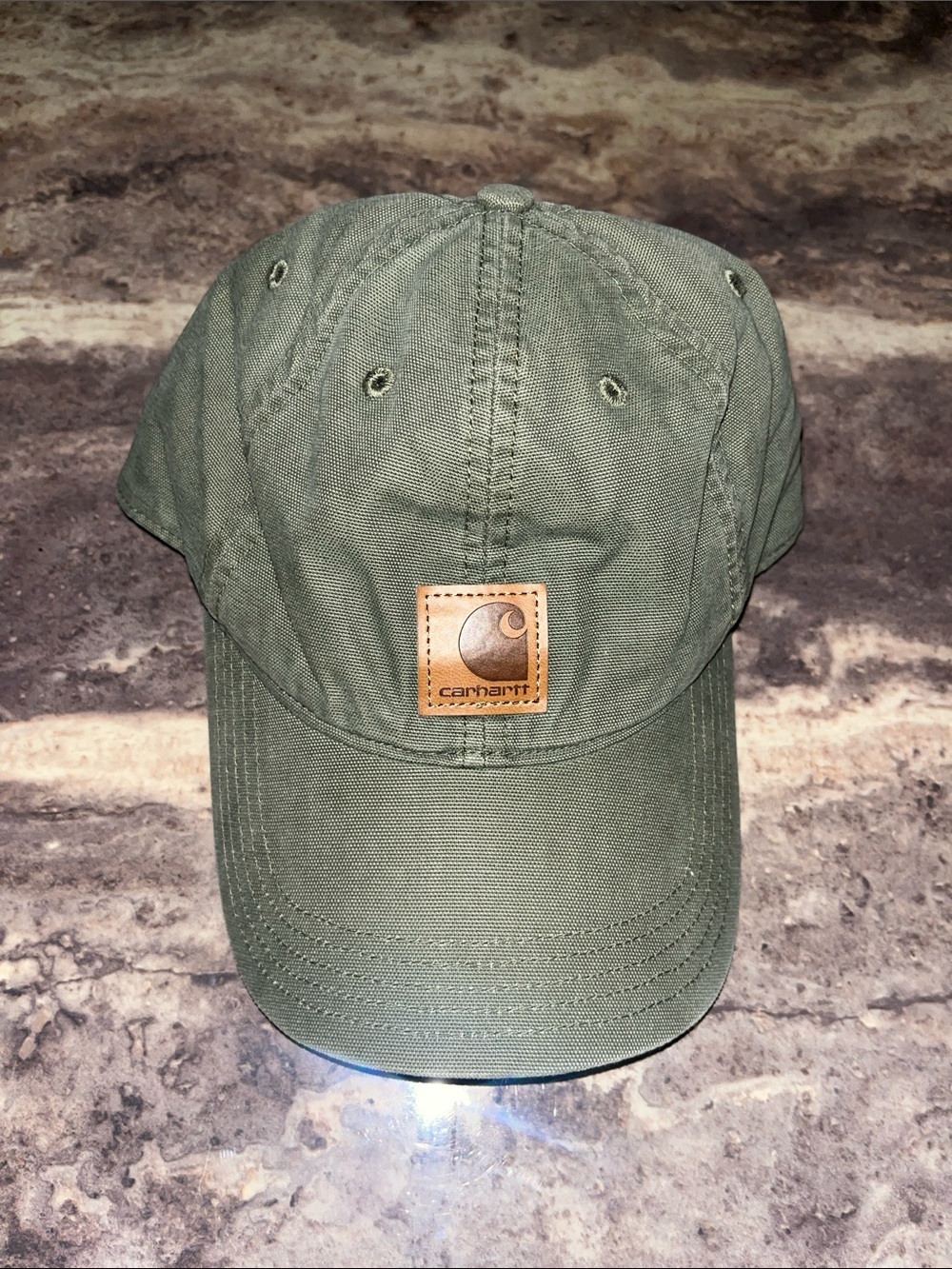 Carhartt Olive Canvas Low-Profile Cap with Leather Patch